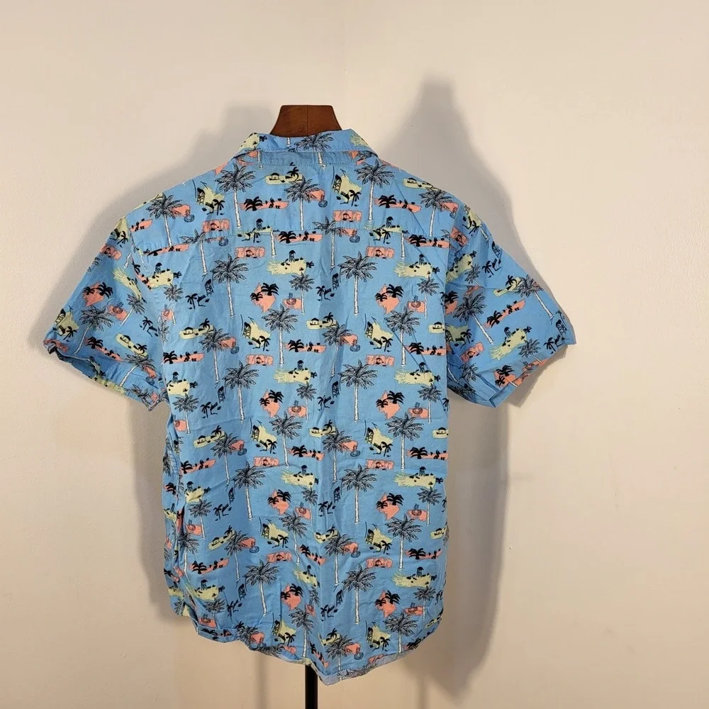 Cotton & Co Mens Large Blue Tropical Palm Tree Beach Print Button Down Shirt L
